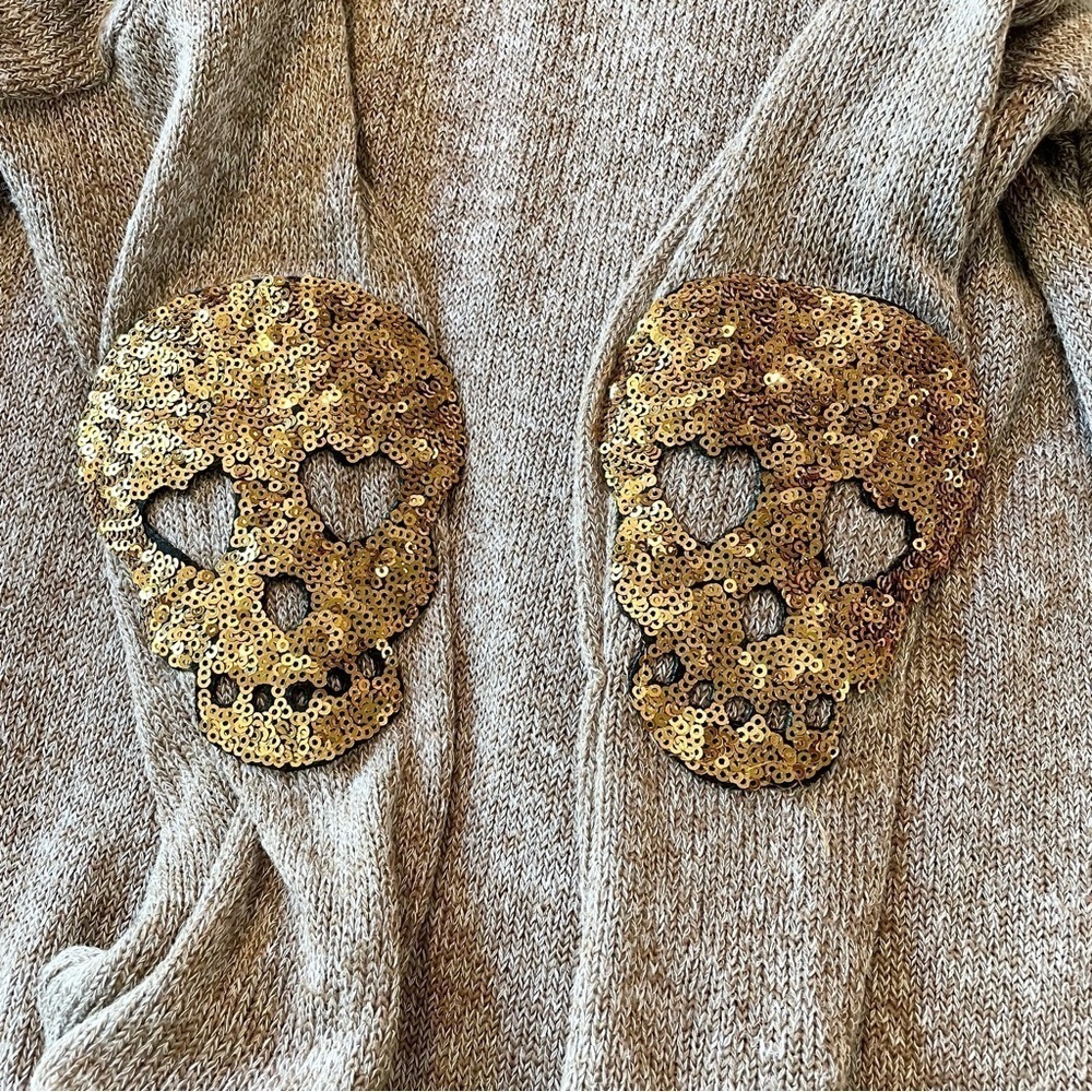 Shelly Brown & Gold Knit Sequin Skull Long Sleeve High Low Tunic Top Small